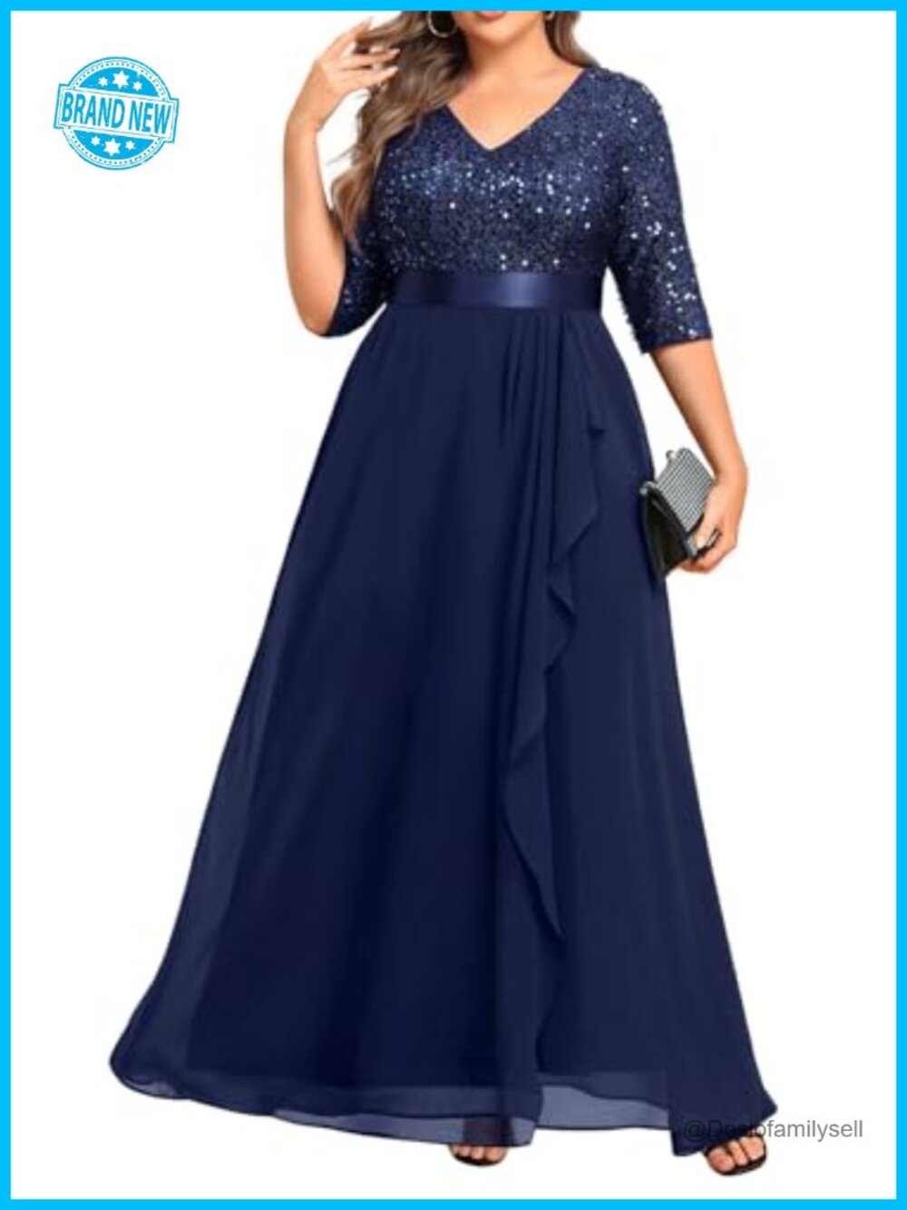 Plus Size Sequin Chiffon Formal Evening Gown V-Neck Ruffle Maxi Dress
